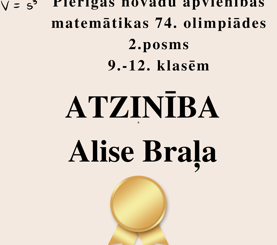 Alisei Braļai atzinība valsts matemātikas olimpiādes 2.posmā